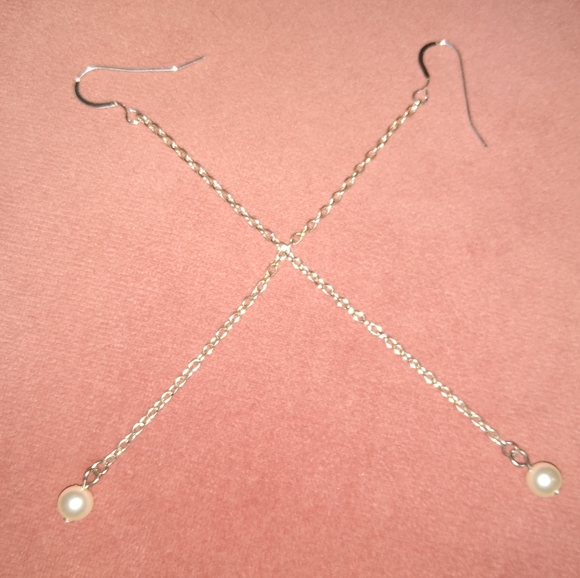 Long Pearl Chain Dangle Earrings Minimalist Solid 925 Sterling Silver Ear Wires - Picture 6 of 7